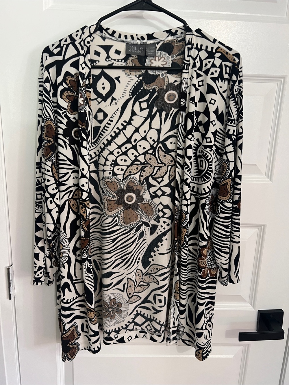 Chico's Black, White & Brown Floral-Print Long Sleeve Cardigan Dress Cover
